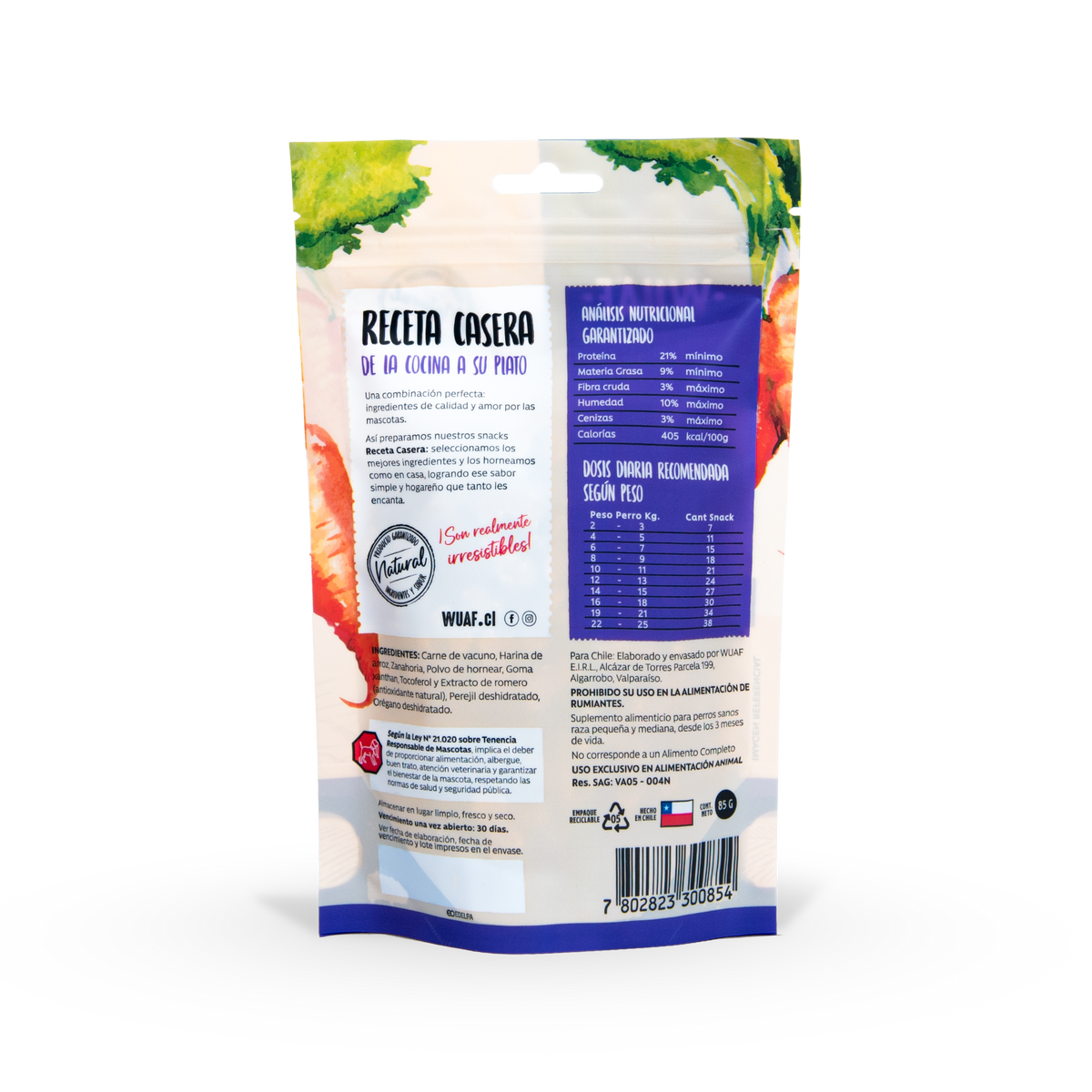 Wuaf Snack Razas Pequeñas - Sabor Carne & Zanahoria - 85 Gr